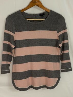 Talbots Gray and Pink Striped Curved Hem Knit Sweater in Size Small Petite